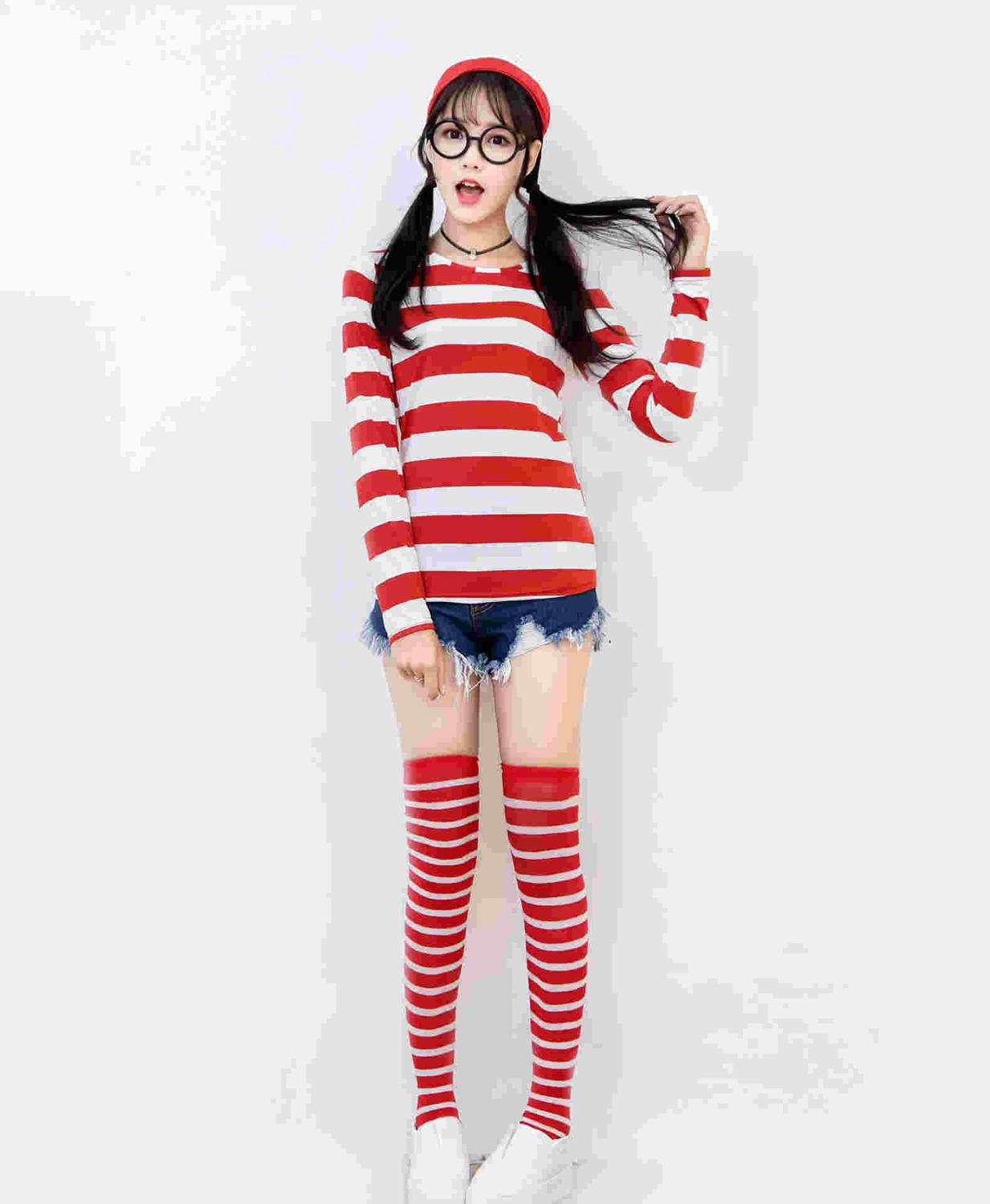 Erwachsene Herren Damen Wally Wenda Waldo Charakter Kostüm Rot Weiß Outfit Buch Woche Phantasie Kleid Hemd Hut Gläser: Womens / S