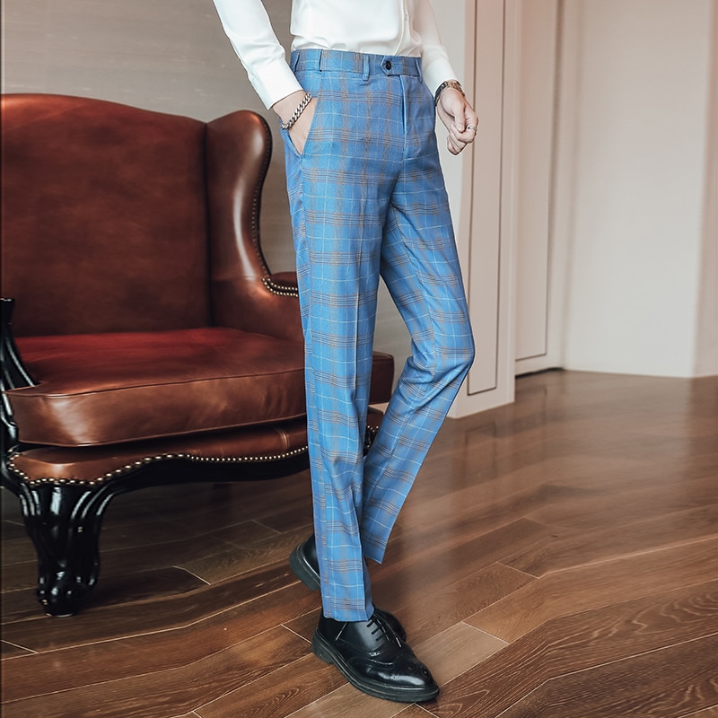 Brand Lake Blue Dress Pants Men Spring Autumn Formal Pants For Men Mens Plaid Pants Slim Fit Office Trousers P16