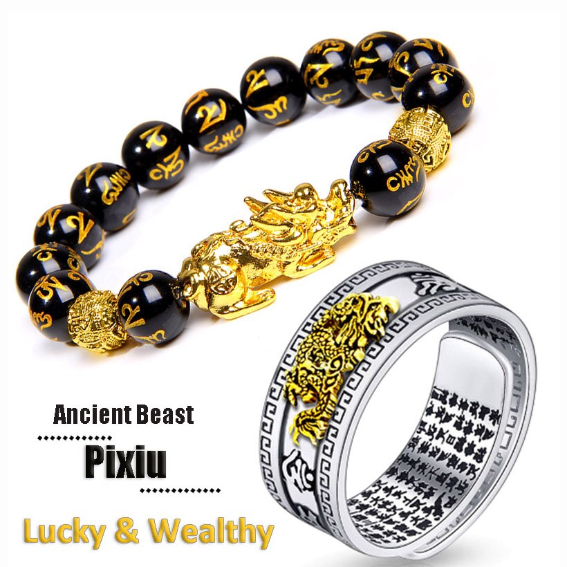 Unisex mænd pixiu charms ring armbånd kinesisk feng shui amulet rigdom og heldig åben justerbar ring perle armbånd