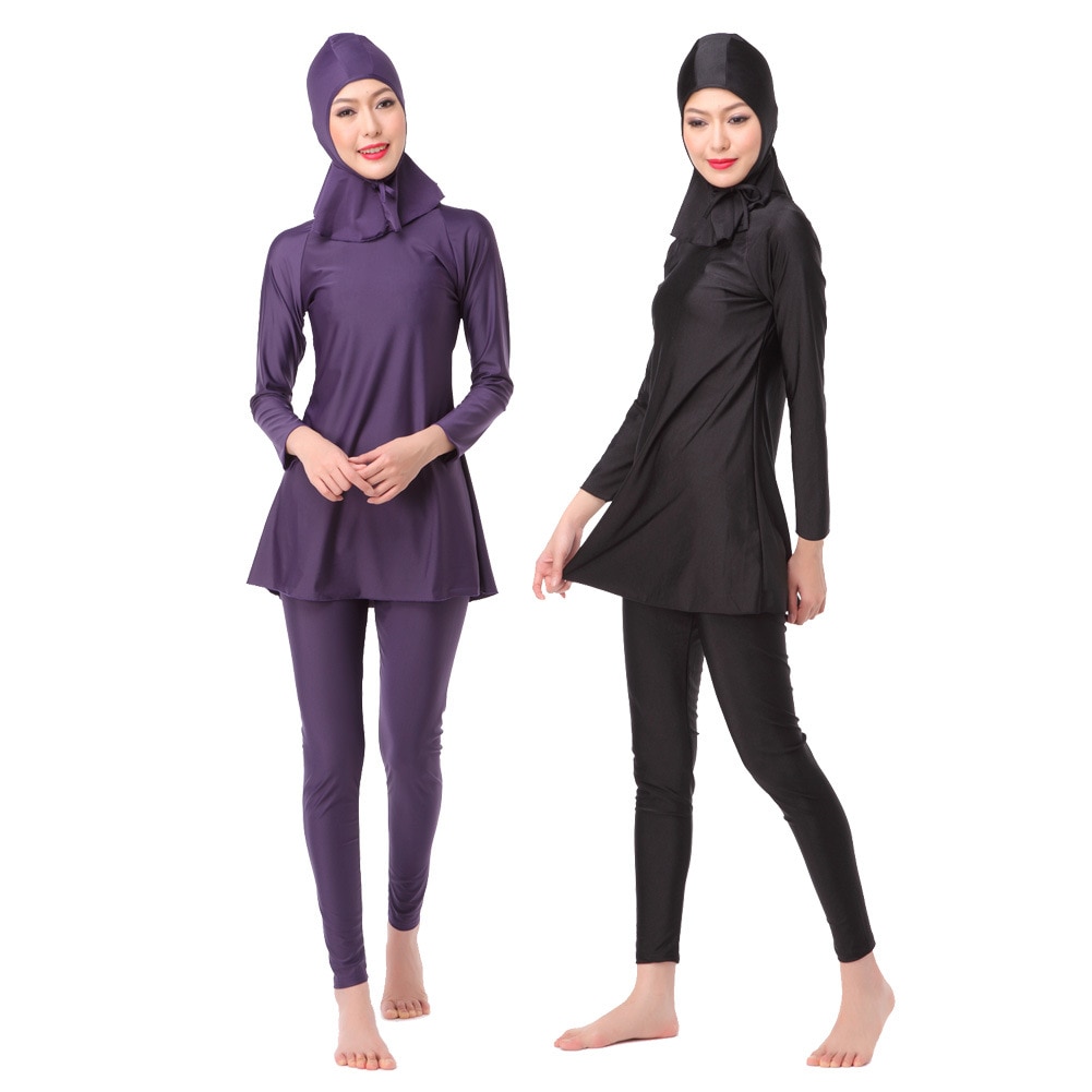 Frauen Islam muslimischen badeanzug langarm t-shirt + pants + kappen badeanzug weibliche Arabischen badende anzug volle abdeckung blau lila