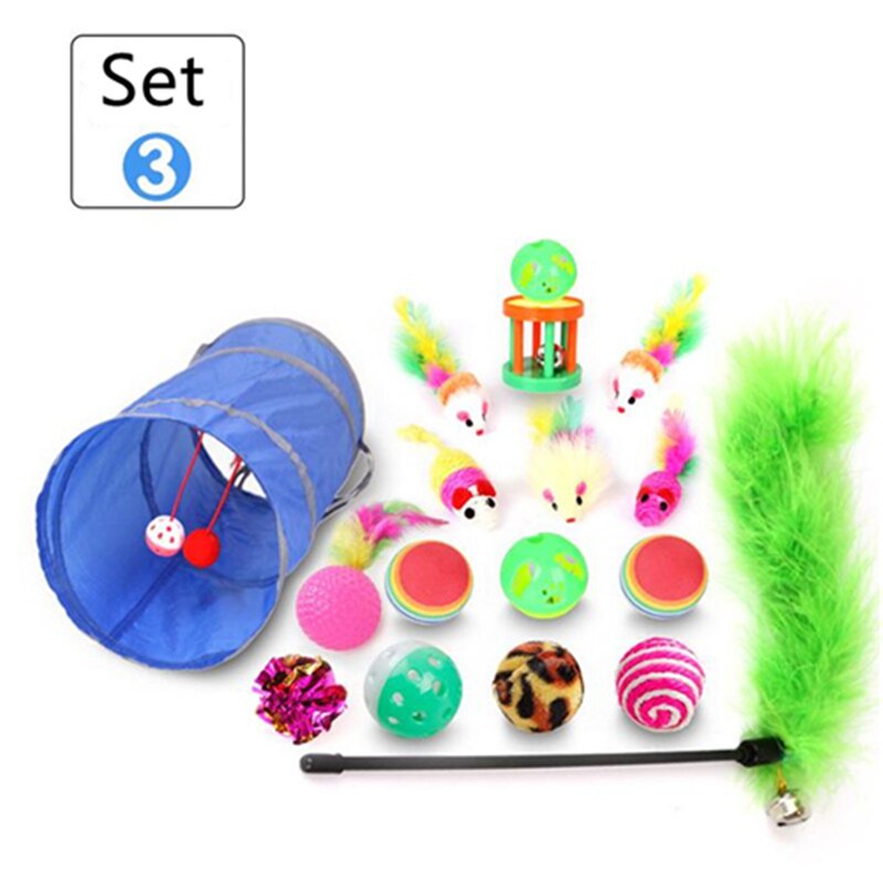 10/15/17/20pcs Pet Cat toy Set Cat Feather Toys Teaser Wand Pet Ball Rings Interactive Products Cat Tunnel Toy Telescopic Rod
