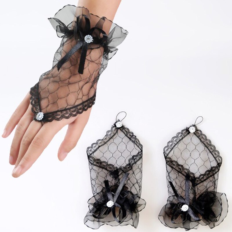 Guantes cortos de encaje sin dedos para mujer, accesorio para novia, con diamantes de imitación, color negro, rojo y blanco, accesorios de boda