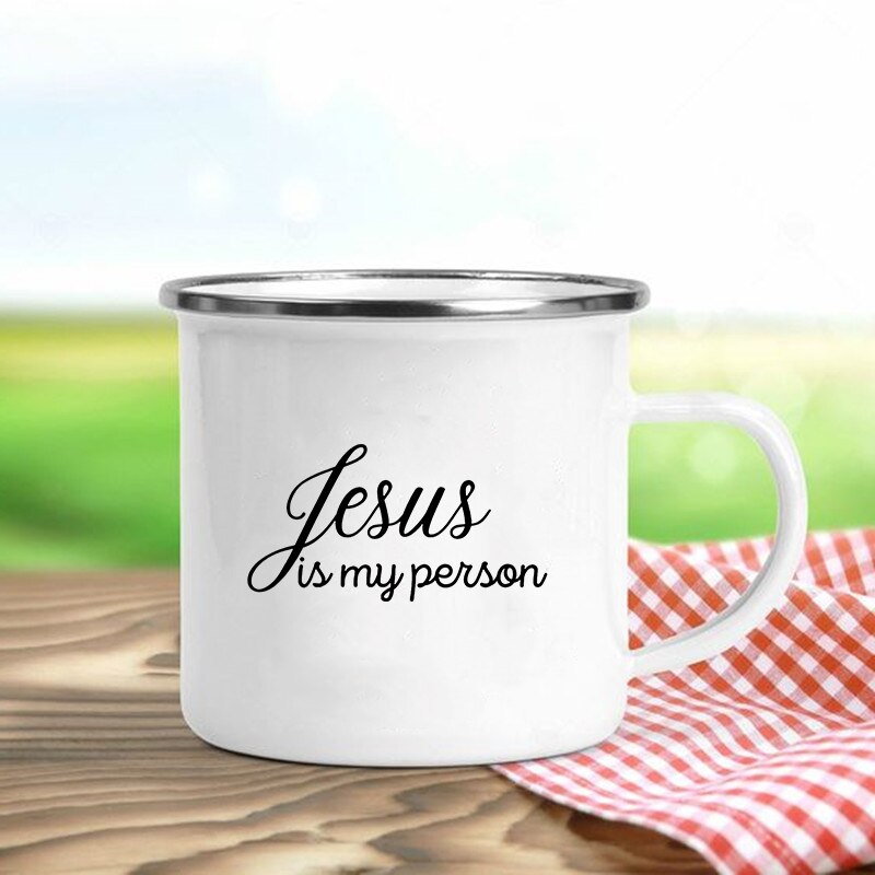 Jésus est dieu imprimer tasses en émail chrétien tasses à café boisson Dessert petit déjeuner lait tasse Vintage tasse poignée Drinkware: WHITE