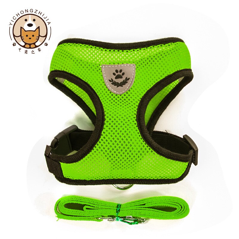 Szelki dla psa i kota regulowany gorset smycz na spacery dla szczeniąt obroża dla psa siatka poliestrowa szelki dla średniej wielkości placki kot zwierzęta: zielony / M