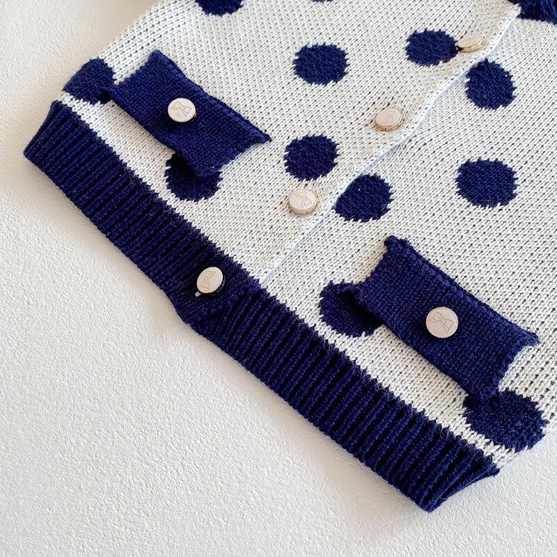 Cardigan à pois bleu marine pour bébé, pull unisexe en coton pour bébé garçon de 3, 6, 9, 12, 18 et 24 mois