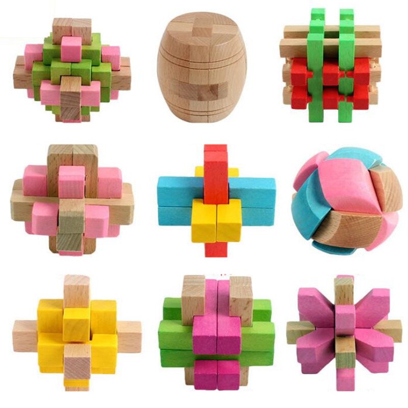 colorful wooden Luban Lock Classic IQ Wooden Puzzle Mind Brain Teasers Burr Puzzles Game Toys for Adults Children