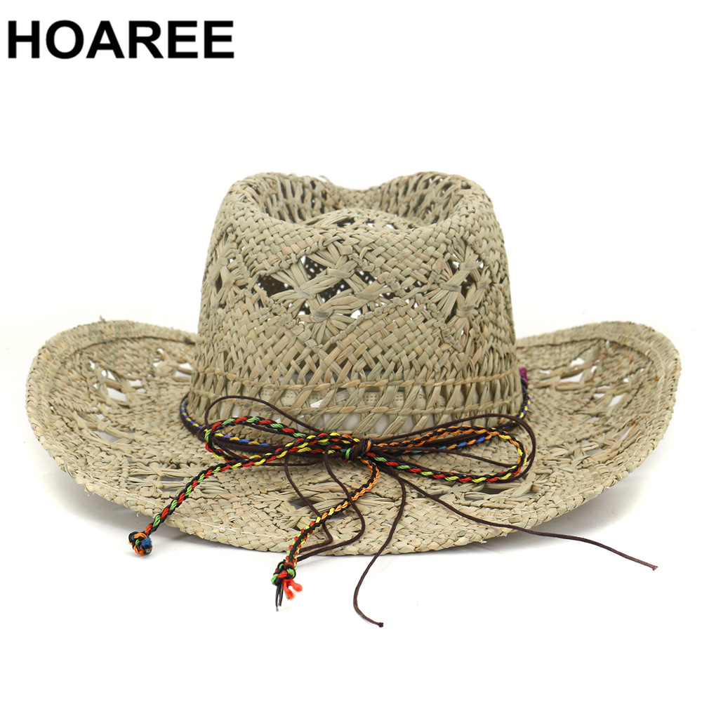 Hoaree chapéu de vaqueiro verão, chapéu de palha feminino, artesanal, chapéu de sol para homens, cowgirl, joia falsa, decoração, casual, praia, chapéu panamá