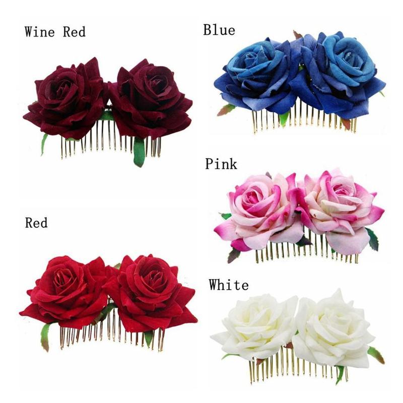 1 peine de pelo Artificial romántico de doble seda flor de Rosa para mujer, pinza de pelo blanca púrpura, tocado para baile de boda