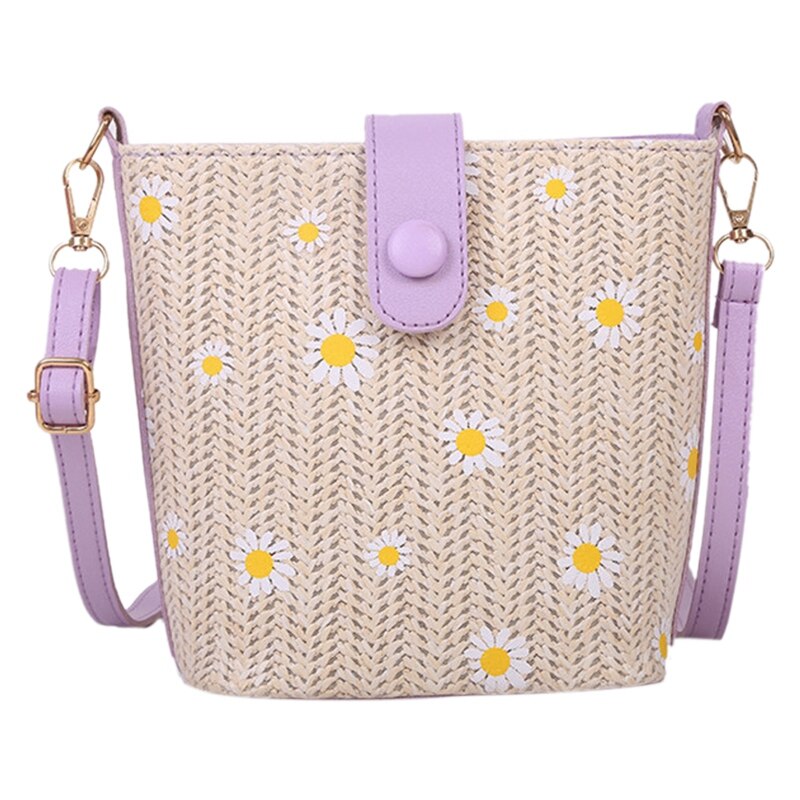 Petite marguerite paille tissé sac besace femme chaine sac seau sac bohème sac cartable: Purple