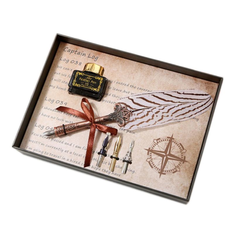 Vintage Feather Quill Dip Pen Fountain Pens With Ink +3 Nibs Set Box Stationery: 56