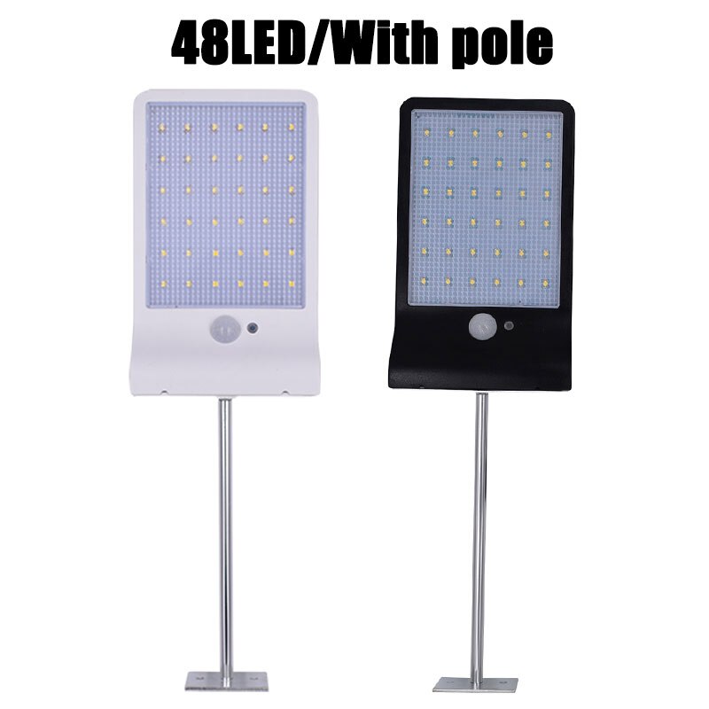 Luz Solar de 48 LED de 450 lúmenes, tres modos, negro y blanco, resistente al agua, para exteriores, jardín, pared, lámpara con poste de montaje o no: 48led with pole / black shell