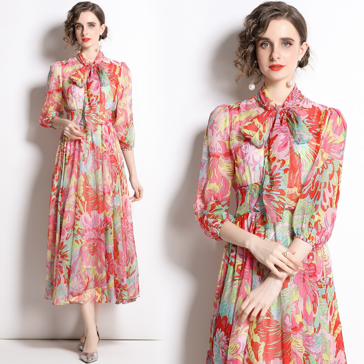 Vestido largo de gasa con estampado floral para mujer, traje bohemio de media manga con cuello de lazo, para vacaciones y verano, 2022