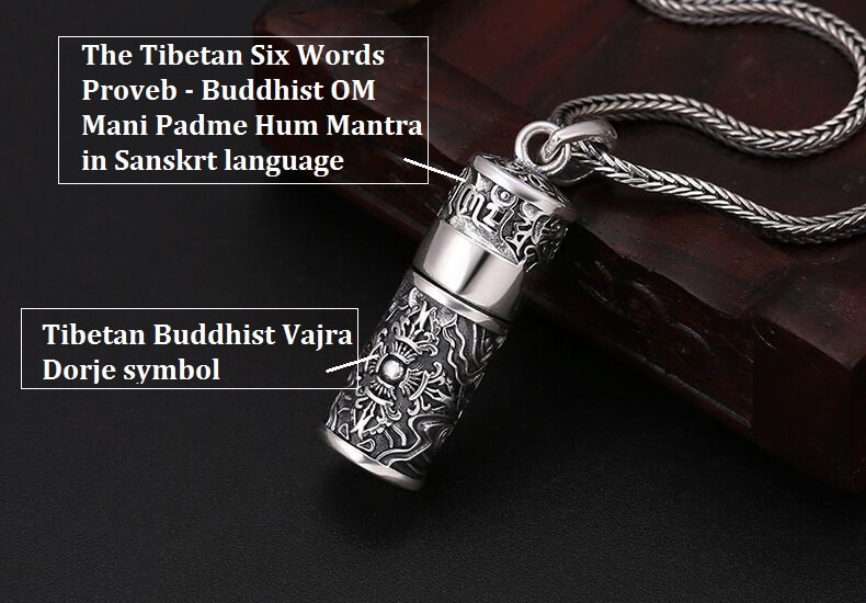 Collar con colgante de caja de plata tibetana de colgante de caja de plata pura Budhhist, Vajra OM, maniquí, Padme, Hum, seis palabras, novedad de 999