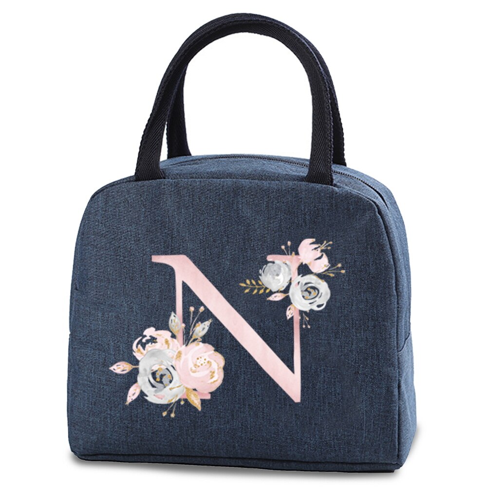 Saco térmico isolado almoço alimentos armazenamento sacos refrigerados zip piquenique tote carta rosa flor impressão fonte a b c d e bolsa: MULTI