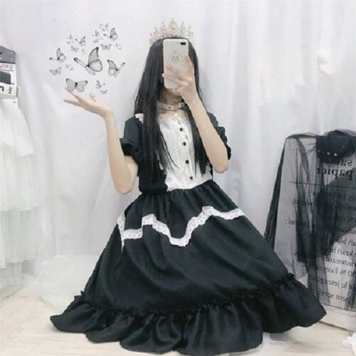 Vêtements Lolita pour filles Kawaii, robes pour femmes, vêtements de Style japonais, pour grandes adolescentes, jolie fée d'étudiant: Black(Short Sleeve) / M
