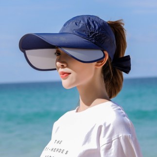 Xdanqinx solskærm udtrækkelige solhatte til kvinder sommer damer tom tophat anti-uv overdimensionerede solskærm strandhuer til kvinder: Marine blå