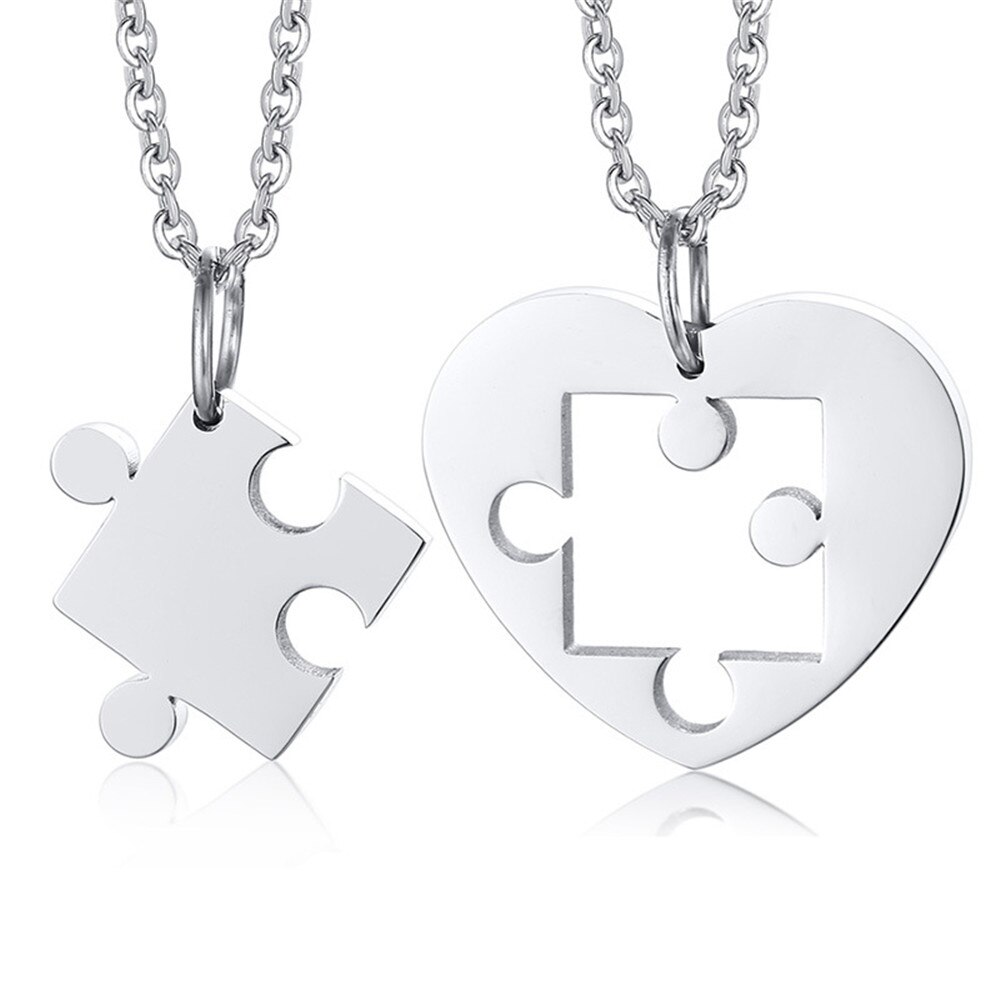2Pcs Jewelry Stainless Steel Love Heart-Shaped Puzzle Couple Pendant Unisex Valentines Day Women Men Boy Friend