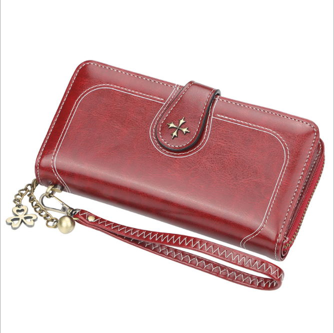 JOYHO Grote Capaciteit Vrouwen Clutch Split Leer Vrouwelijke Lange Portemonnee Vrouwen Rits Portemonnee Bloem Hardware Strap Hollow Out: Red Wine