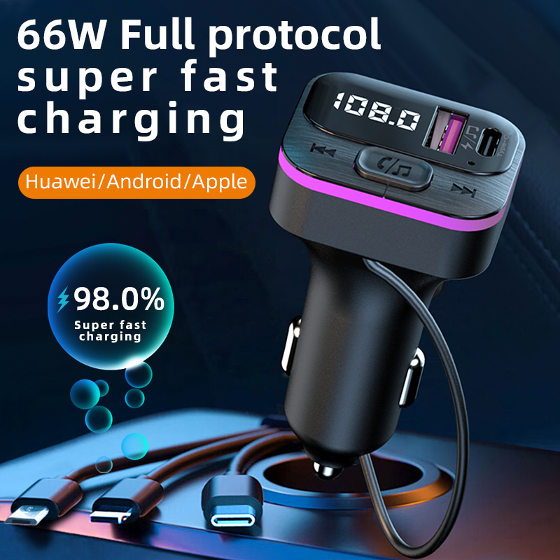 Transmetteur FM Bluetooth, lecteur MP3, Kit mains libres pour voiture, chargeur double USB type-c 66W, adaptateur d'alimentation pour autoradio, accessoires de voiture