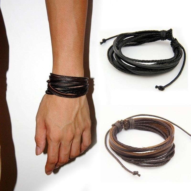 Armband Mannen Multilayer Leather & Bangles Mannen En Vrouwen Zwart & Bruin Gevlochten Touw Man Multi Layer Wrap Trendy Armband