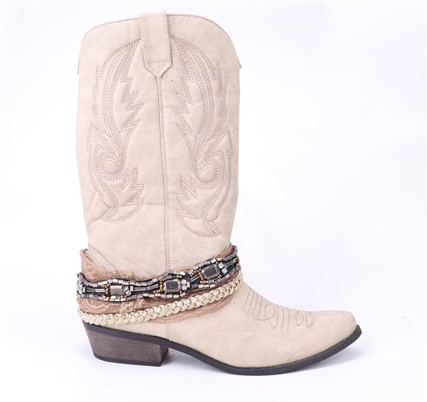 Top. Damet femmes genou haute botte Cowboy Cowgirl bottes avec dentelle et chaîne décoration Western chaussures sans lacet moto bottes femme