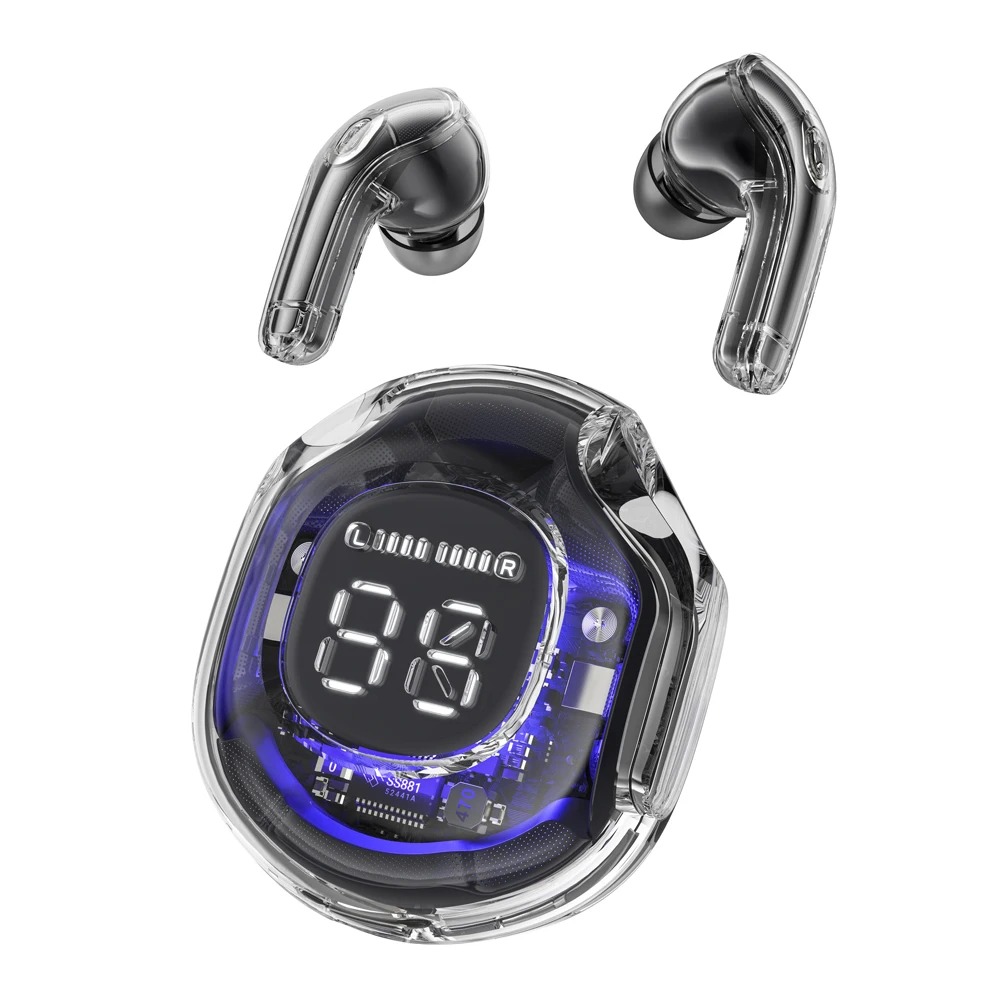 Auriculares inalámbricos Bluetooth 5,3 transparentes con pantalla Digital LED sonido estéreo TWS ENC auriculares micrófono para trabajo deportivo: Negro