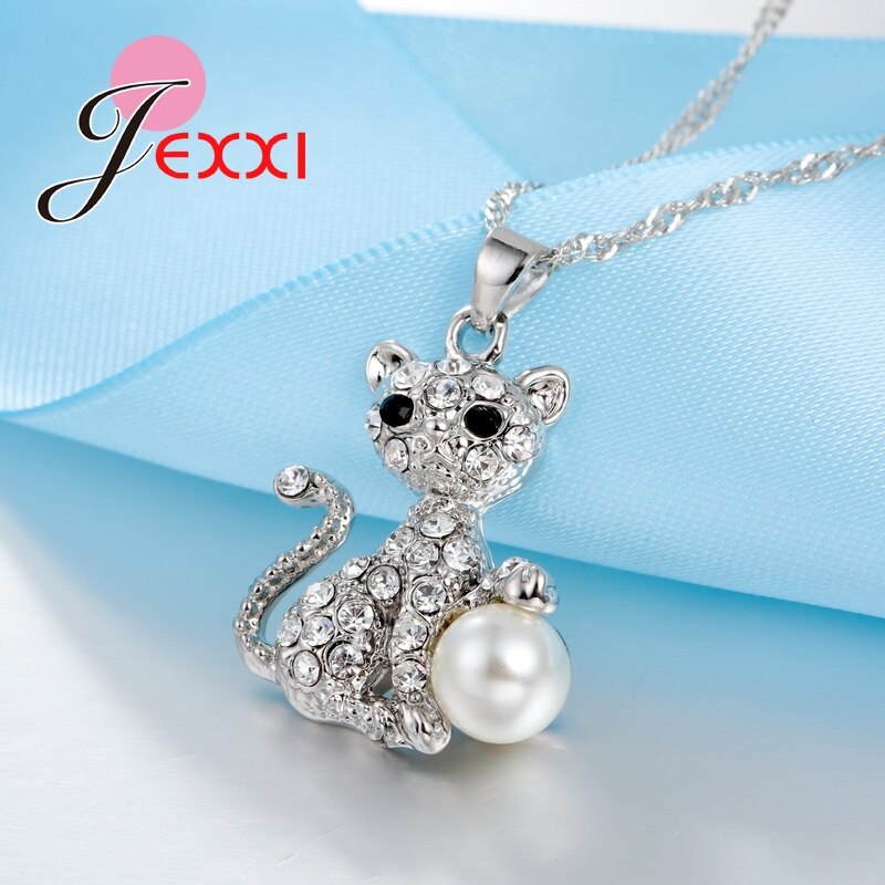 Brillant CZ et grande perle joli chat pendentif pour les femmes collier et boucles d'oreilles 925 en argent Sterling ensemble de bijoux