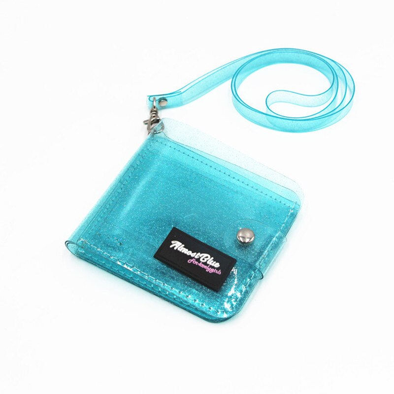 porte-carte d'identité Transparent PVC pliant court portefeuille femmes fille cartes de visite porte-monnaie avec lanière: Blue