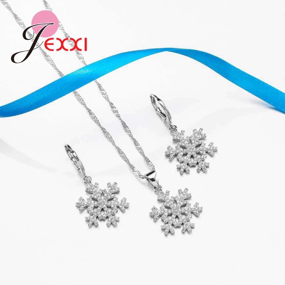 Conjunto de joyería para mujer, de Plata de Ley 925, colgante de circonia cúbica con copo de nieve, collar, pendientes, conjuntos