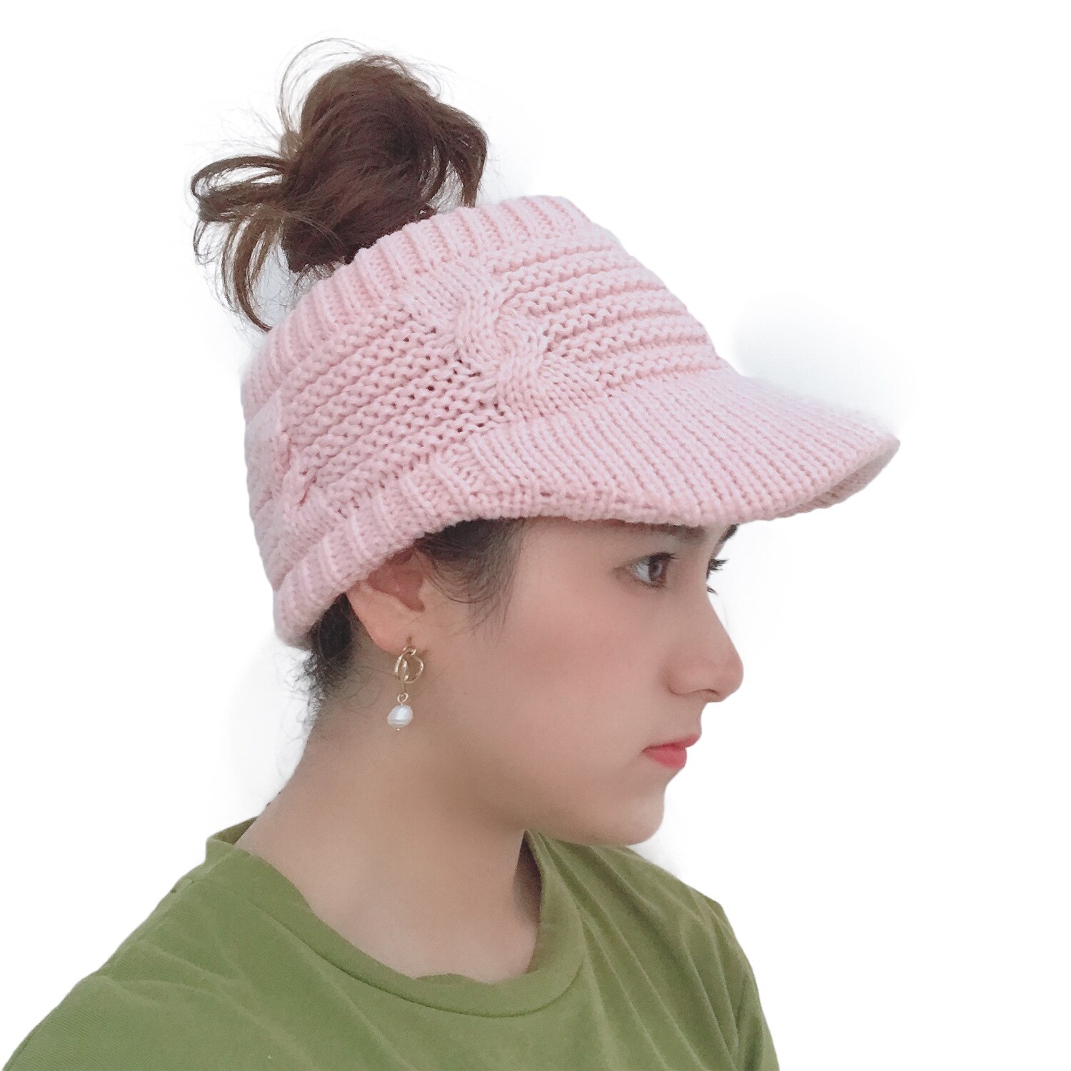 Bonnet queue hiver tricot salissant haute chignon queue de cheval chapeaux visière bonnet en plein air désordre haute chignon casquette cercle foulards: Pink