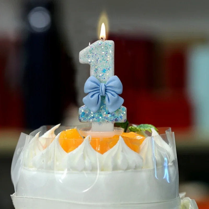 Verjaardagskaars met cijfer 0 1 2 3 4 5 6 7 8 9 blauwe strik taartkaars decoratie feesttaart topper decoratie jubileum decoratie
