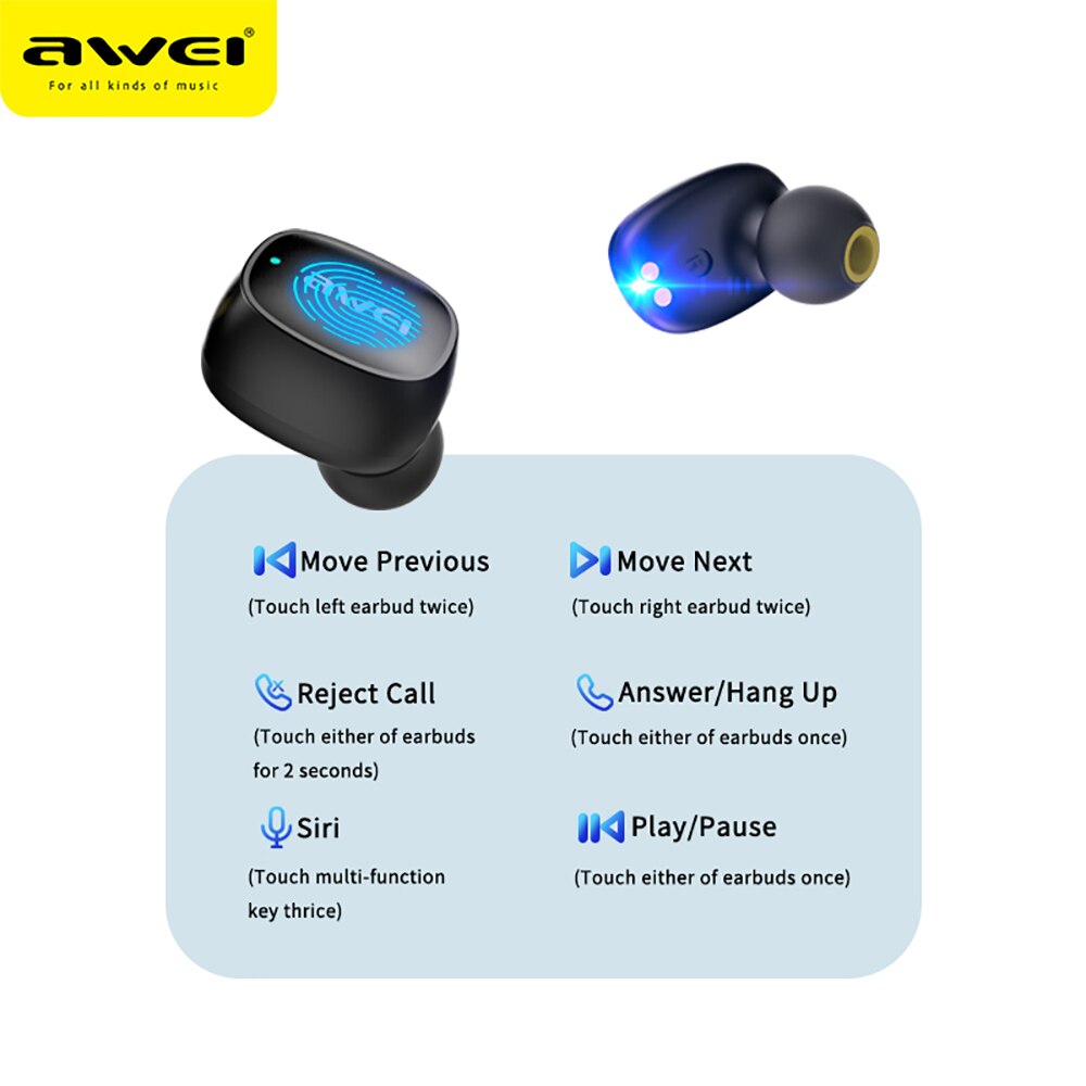 Awei Tws 5.0 Oordopjes Touch Sensor Bluetooth Hoofdtelefoon Auto Pairing Gaming Oortelefoon T13 Met 300Mah Opladen Case