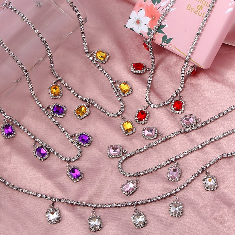 JJFOUCS Punk 7 Color Square Crystal Pendant Necklace For Women Adjustable Rhinestone Tennis Chain Choker Necklace Bijoux