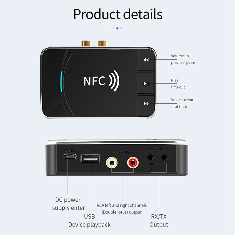 BT300 Nfc Bluetooth 5.0 Audio Ontvanger Zender Draadloze Stereo Bluetooth Audio Adapter Nfc 3.5Mm Aux Rca Auto Speaker