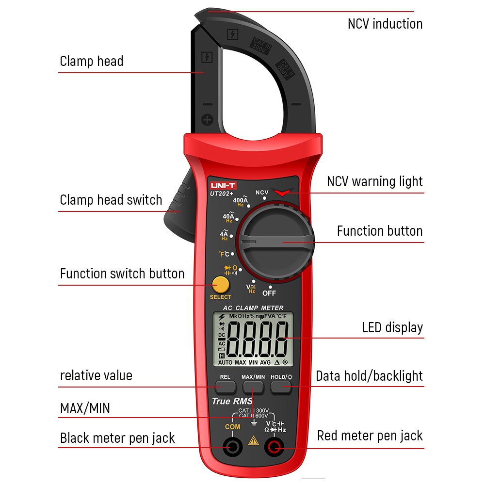 UNI-T UT201+ Digital Clamp Meter UT202+ UT203+ UT204+ UT202A+ 400-600A True RMS Automatic Range High Precision Multimeter Tester