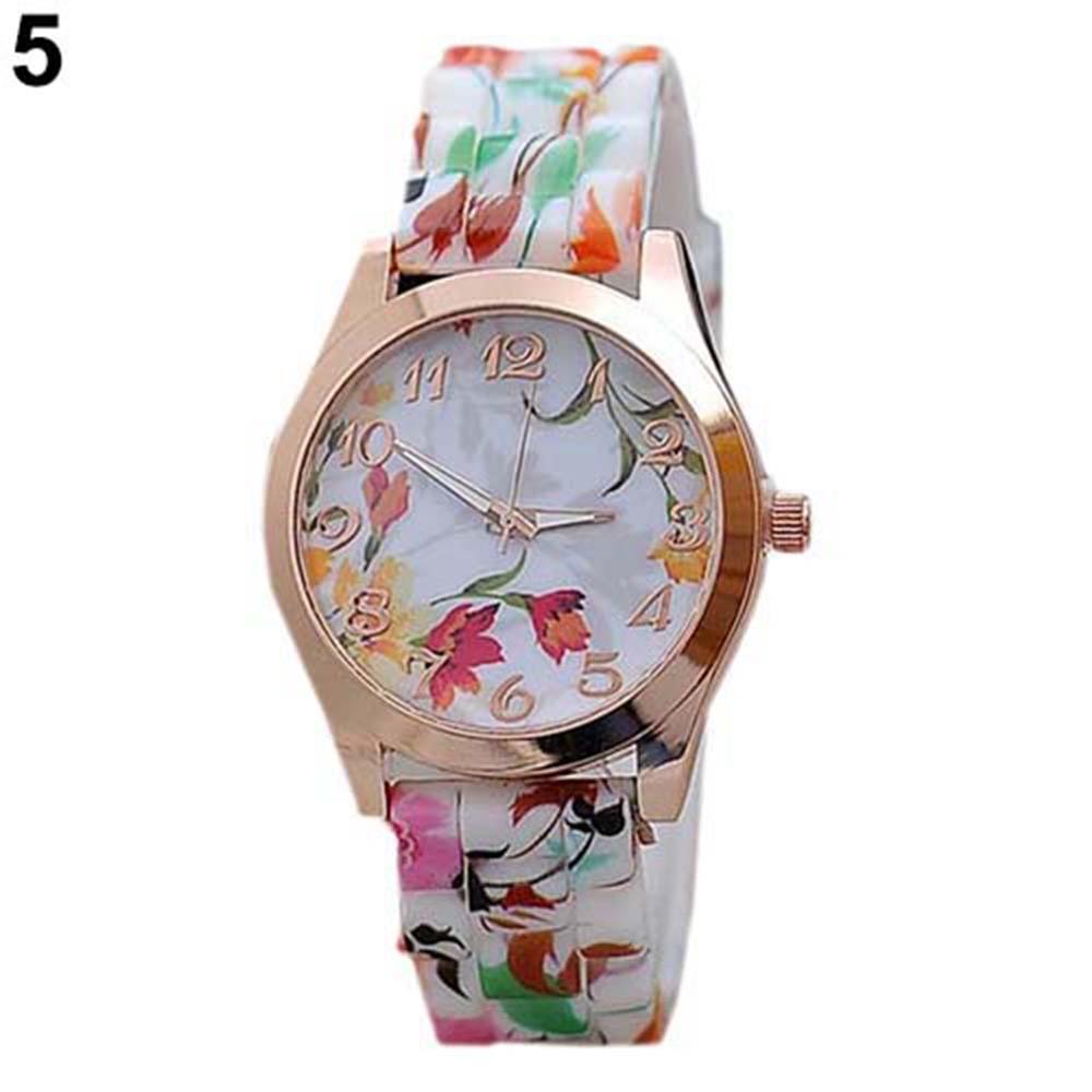 Mode Vrouwen Bloemenprint Silicon Band Arabische Cijfers Wijzerplaat Quartz Horloge Armband: 5