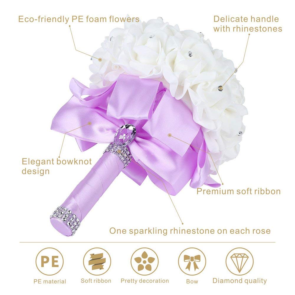 Handmade Beautifu Lilac Bridal Bridesmaid Flower Wedding Bouquet Artificial Rose Ribbon Crystal Bouquets de noiva