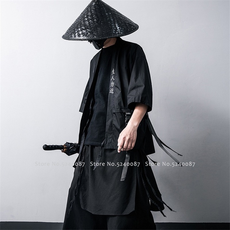 Japanese Harajuku Style Kimono Cardigan Black Jackets Haori Samurai Robes Cosplay Costumes Chinese Hanfu Coat Streetwear