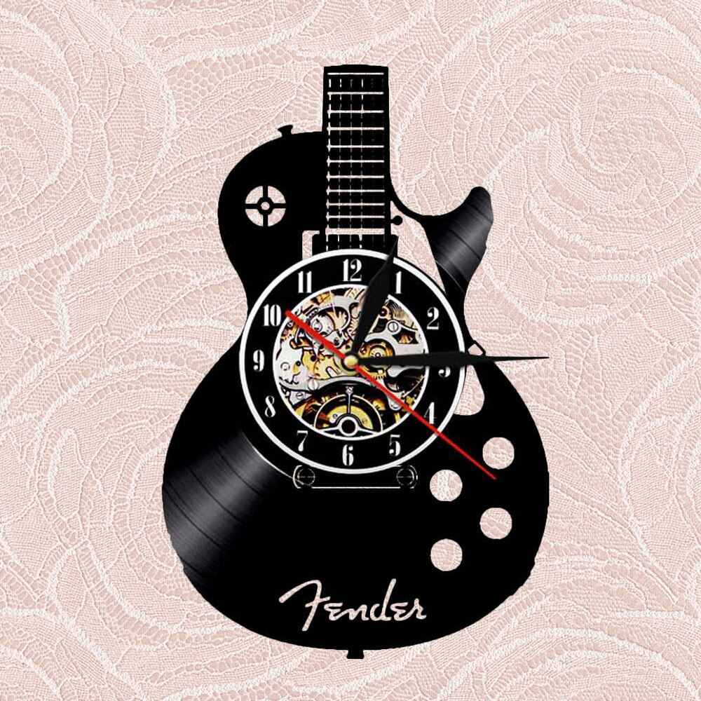 Guitar Shape Wall Clock Vinyl Record Wall Clock Living Room Wall Hanging Clock (without Lamp Shipment without Battery): Black