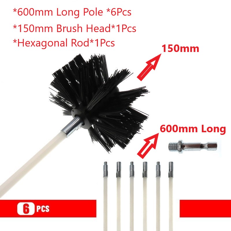 150mm Rotary Chimney Brush Long Handle Flexible Rod For Chimney, Dryer Pipe，Fireplace Inner Wall And Roof Cleaning Tools: 6Pcs 600mm Pole
