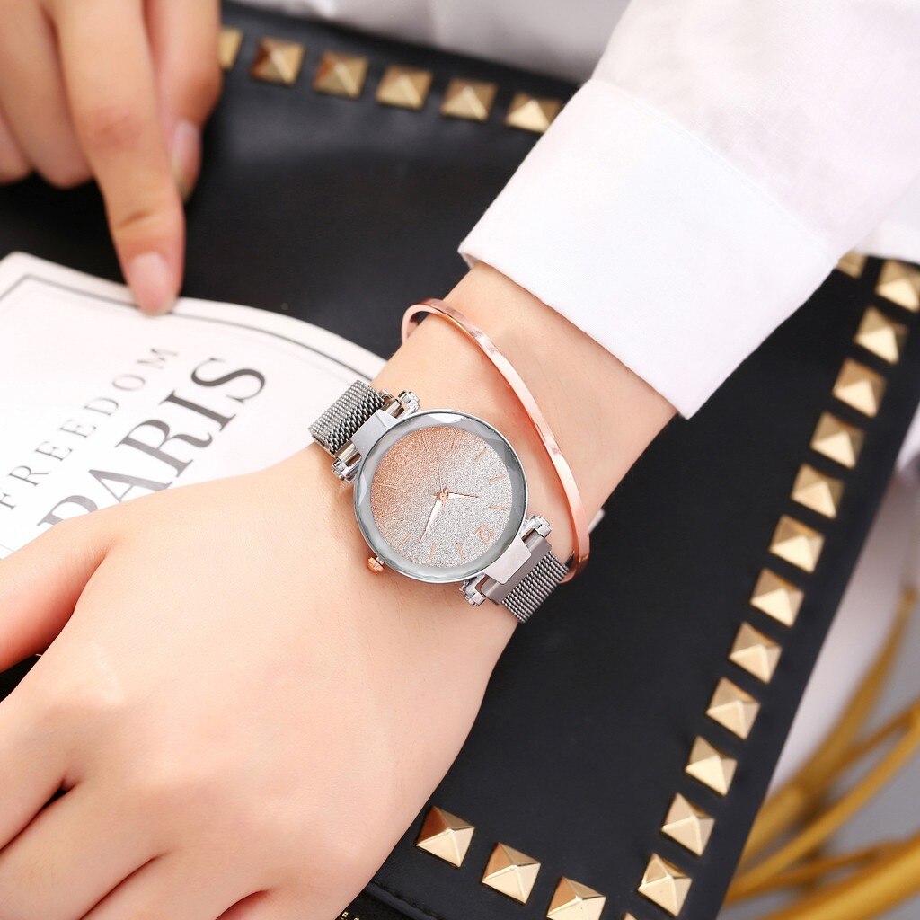 Newest personality Minimalist Gold Frosted Stainless Steel Mesh Belt Ladies Quartz Stainless steel bracelet watch