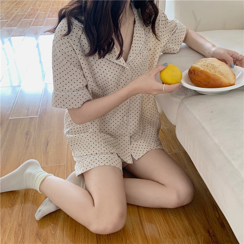 polka dot cotton summer pajamas set women sleepwear short sleeve shirts pyjamas shorts home clothes 2 piece set soft suit Y373