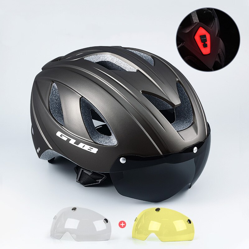 GUB-casco de bicicleta de carretera para hombre y mujer, con luz trasera integrada, gafas de seguridad, equipo de ciclismo: Matte Grey 2Lens