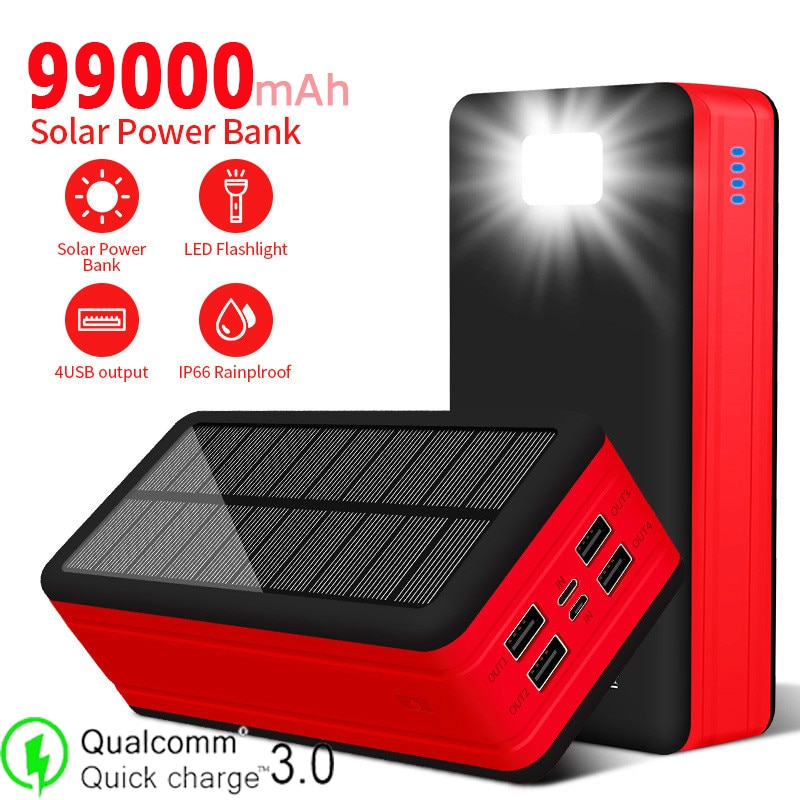99000mAh Solar Power Bank Large Capacity Portable Charger Outdoor Emergency PoweBank4USB Fast Charging For Xiaomi Samsung IPhone