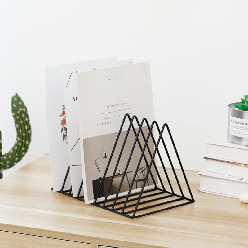 Estante para discos de hierro LP, soporte triangular para libros, organizador de almacenamiento de discos de escritorio