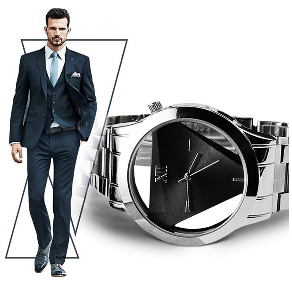 Watch Luxury men Unique Hollowed-out Quartz wristwatch Triangular Stainless Steel Dial Analog Clock Watch Reloj mujer