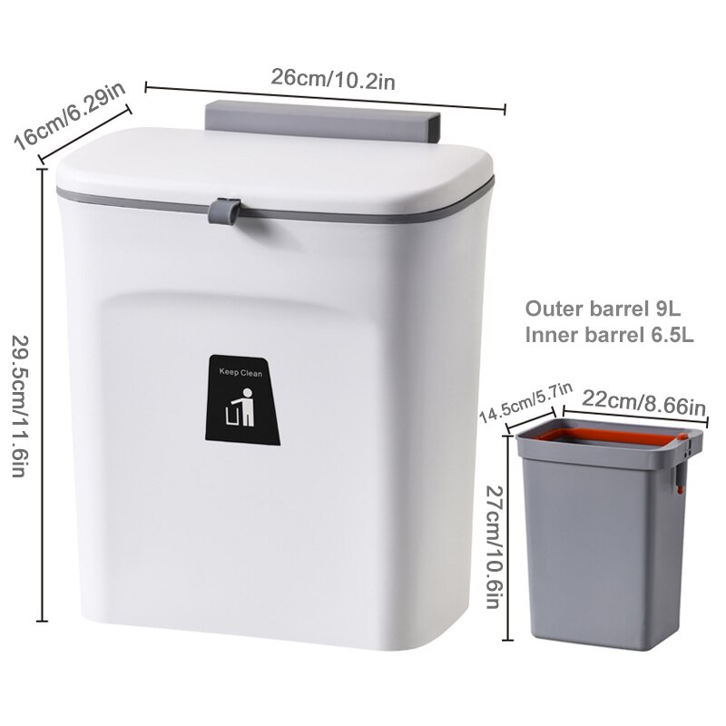 7/9L Kitchen Trash Can Wall Mounted Garbage Bin Recycling Garbage Basket Waste Bin Cabinet Door Hanging With Lid For Bathroom: 9L White With Liner