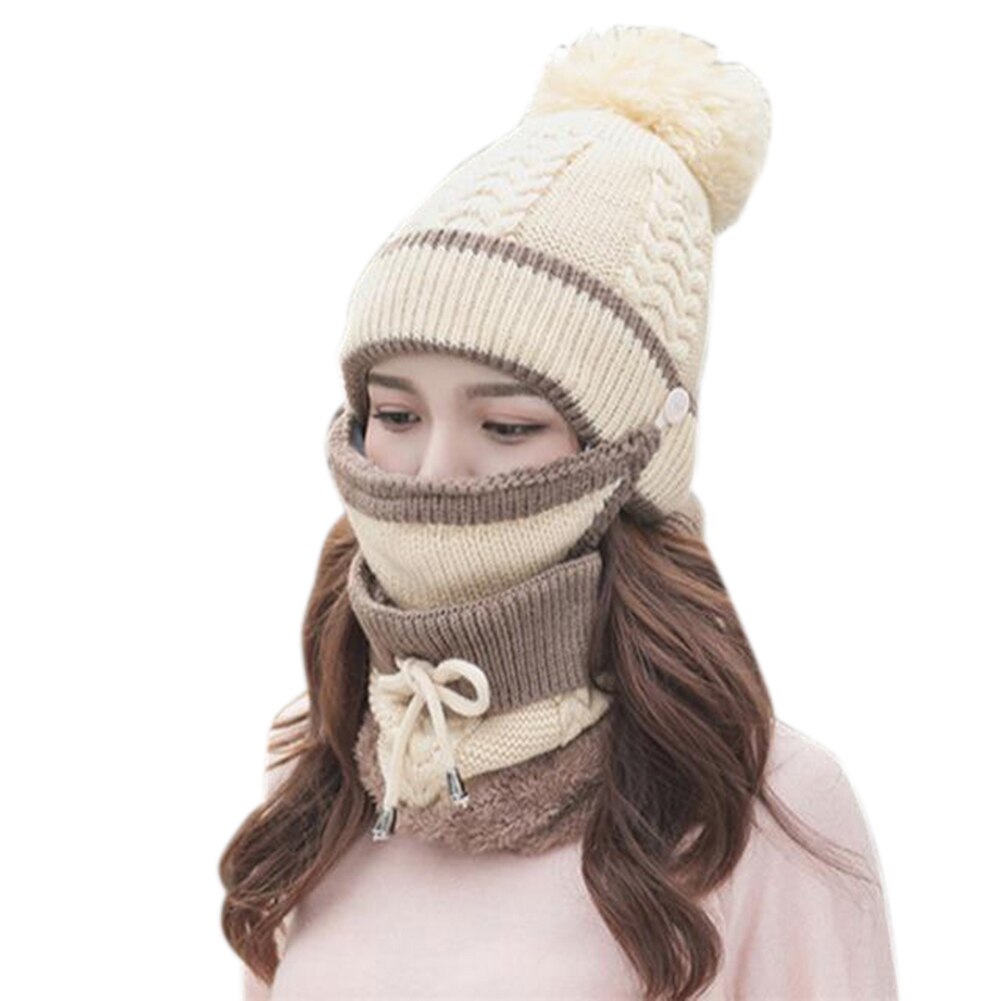3 pièces femmes hiver écharpe ensemble épais tricoté chapeau écharpe couverture de visage en plein air WHShopping: Beige