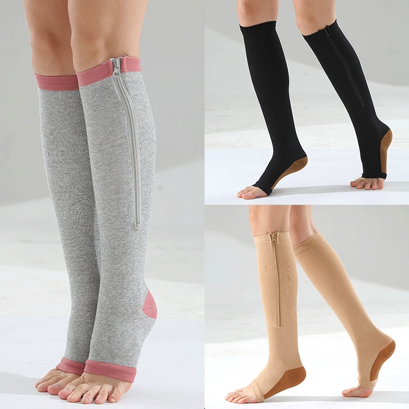 Chaussettes de Compression pour hommes et femmes, chaussettes de soutien du genou, fermeture éclair, bout ouvert, fines, Anti-Fatigue, chaussettes hautes, extensibles, unisexes,