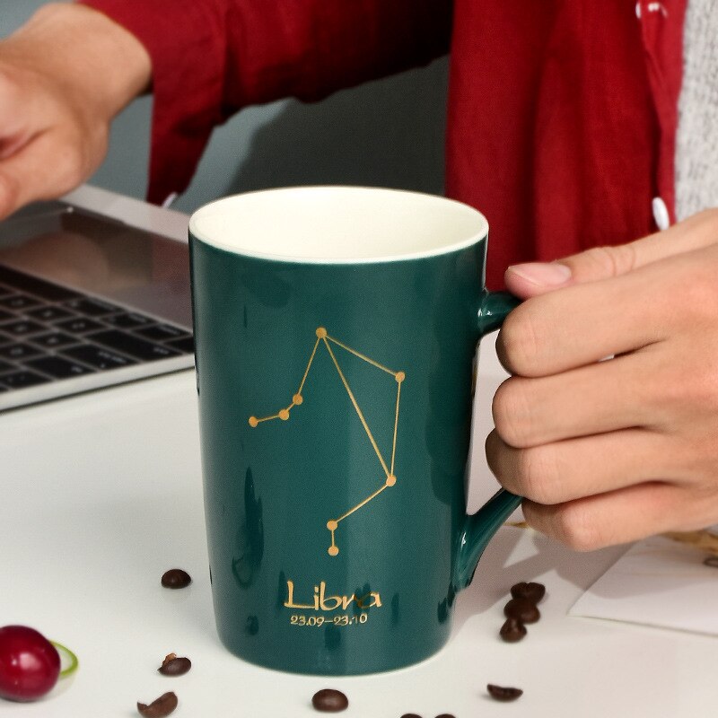 Ceramic Coffee Mugs Green Color Glazed Handgrip Tea Cups with Lids and Spoon